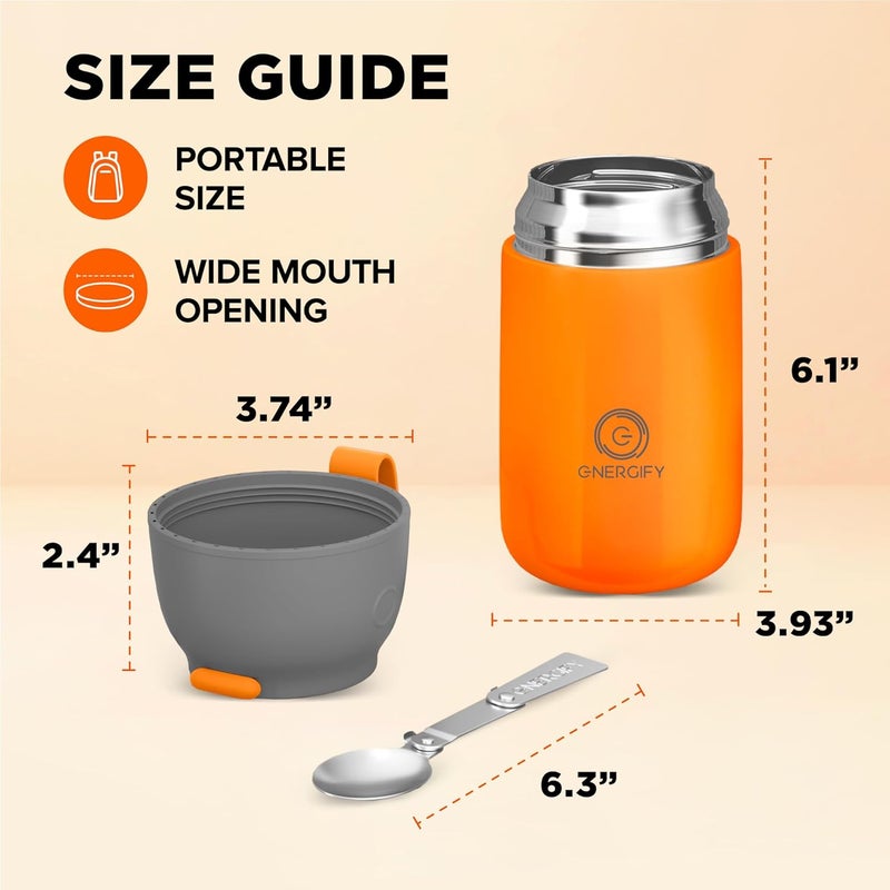 ENERGIFY Vacuum Insulated Food Jar. Large 24oz Bowl incl. Folding Spoon, Cup. Wide Mouth Keep Hot & Cold Drinks Soup Lunch Container for Adults. BPA-Free Stainless Steel, Leak Proof Orange - Image 4